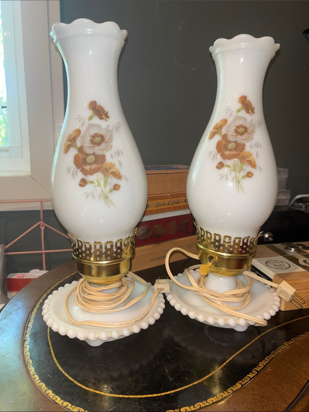 White Milk Glass Floral Table Lantern - Pair